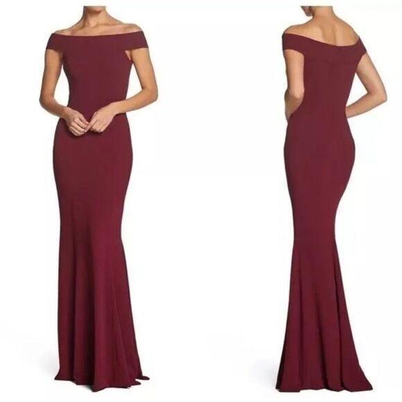 DRESS the POPULATION Bridal Burgundy Red Jackie Off Shoulder Crepe Formal Gown - Picture 1 of 5